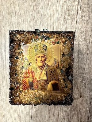 Icoană Sfântul Nicolae - Lucrată Manual, Sticlă Cristalizată (Del Art)