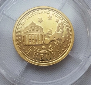 Moneda medalie aur 999 Aderarea Romaniei la UE din 2007 investitie cu Certificat 1.23 grame