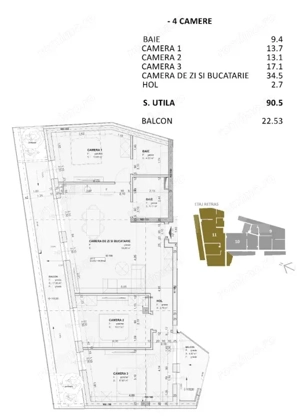 Apartament 4 camere, 2 Bai, 91 mp, Terasa 23 mp, finisat, Central