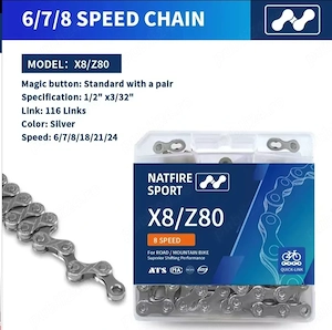 Lanț Natfire Sport X 80  Z80 bicicleta 6 7 8 viteze 1 2 x 3  32 116 zale mtb cursiers za rapidă otel
