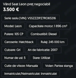 Vând Seat Leon 3500 euro negociabil 