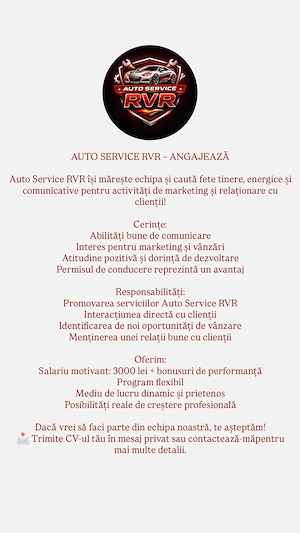 Serice Auto RVR angajează fete tinere,energice și comunicative 