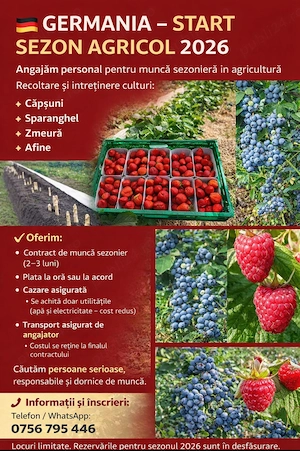 Locuri de muncă sezoniere în Germania   Agricultură 2026 