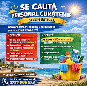 Se caută personal pentru curatenie pentru Sezon, oferim 4500 LEI Salariu - Posturi Limitate
