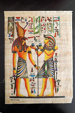 Papirus egiptean autentic   Faraonul și Zeul Ra-Horakhty - papirus înrămat