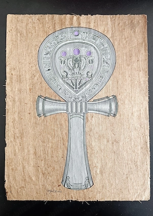 Papirus egiptean autentic - fosforescent   Ankh, Crucea Vieții - papirus înrămat