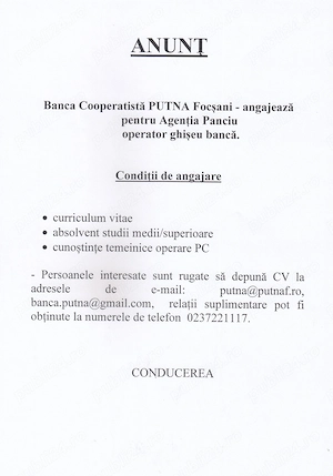 Operator ghiseu bancă Agenția Panciu