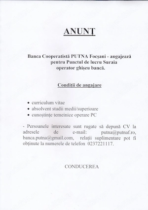 Operator ghișeu bancă Punct de lucru Suraia 