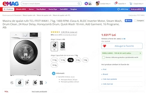 Mașină nouă spălat rufe TCL,7 kg,1400 RPM,garanție,SIGILATA,16 Programe,Quick Wash 18 min