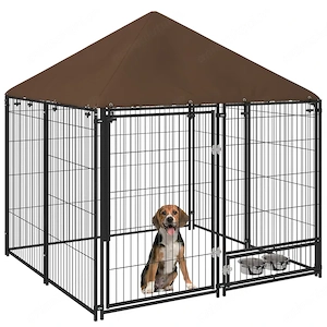 Tarc pentru caini PawHut, cu usa pentru boluri, acoperis din material Oxford, negru si maro, 141x141 - imagine 2