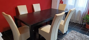 Masă 210x100cm+6 scaune și măsuță de cafea cu două fotolii 