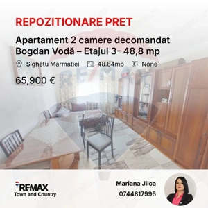 Apartament 2 camere decomandat Bogdan Vodă – parțial mobilat-  48,8 mp