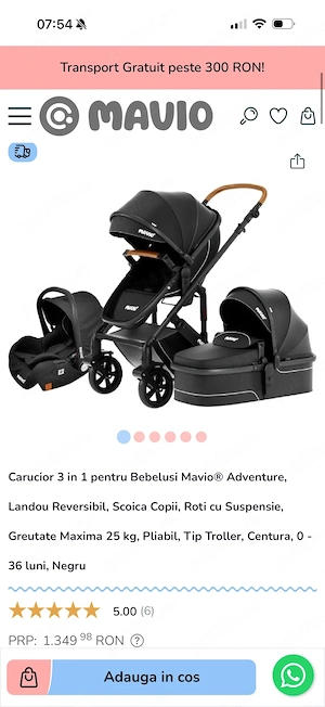 Carucior 3 in 1 pentru Bebelusi Mavio  Adventure, Landou Reversibil, Scoica Copii, Roti cu Suspensie