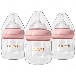Set 3 Biberoane din Sticlă Oberni   120 ml, Tetină din Silicon, Anti Colici, 0+ Luni, Roz