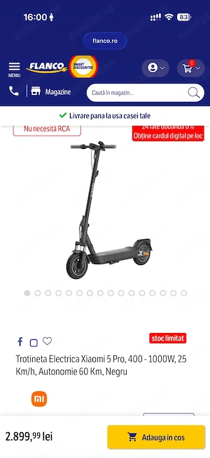 Trotineta Electrica Xiaomi 5 Pro, 400 - 1000W, 25 Km h, Autonomie 60 Km, Negru