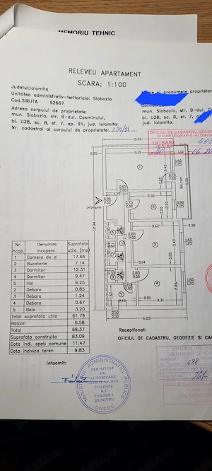 Vând apartament 3 camere decomandat Slobozia Ialomita 