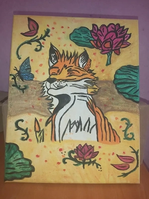 Tablou Pictat Manual  Vulpea în Grădină    Acrilic pe Pânză, 24x30 cm