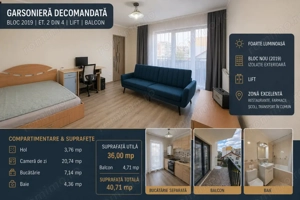 Garsonieră decomandată 40 mp | Bloc 2019 | Lift | Balcon | Luminoasă 