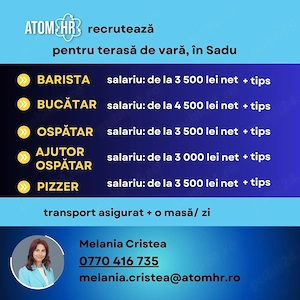 Atom HR angajează pe mai multe poziții în domeniul HoReCa pentru terasă de vară în Sadu!