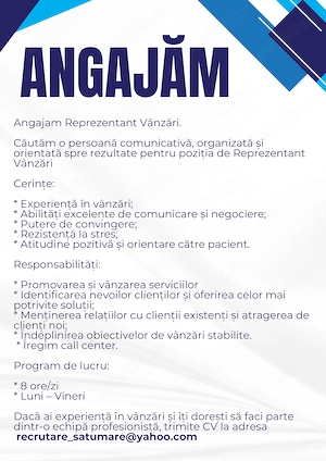 Angajăm Reprezentant vânzări .