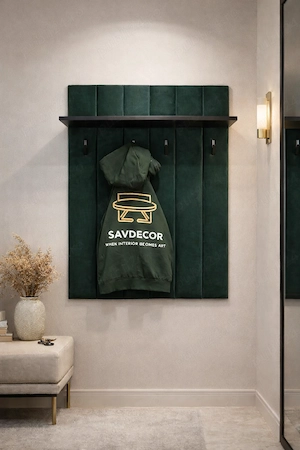 Cuier de perete premium verde smarald, tapițat cu material textil fin, cu poliță și 4 agățători