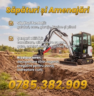 Servicii miniexcavator 2t-săpături,fundații,șanturi, utilitați