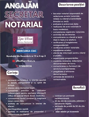 SPN Vilcan angajează ASISTENT NOTARIAL, Miercurea Ciuc