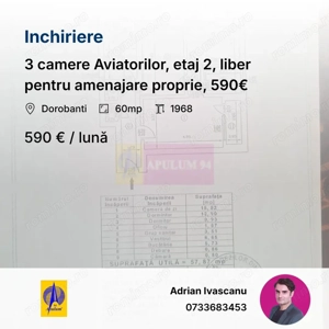 3 camere Aviatorilor, etaj 2, liber pentru amenajare proprie, 590€