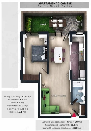 Apartament 2 camere cu terasă, 54 mp utili – zona Vivo - imagine 3