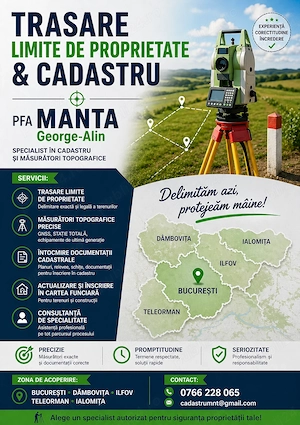Trasare limite proprietate și înțărușare teren conform Cărții Funciare