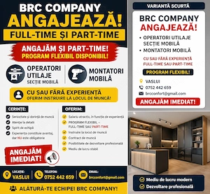 Angajăm Operatori utilaje și Montatori mobilă   FULL-TIME și PART-TIME   Vaslui
