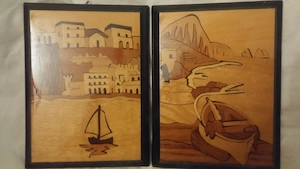Set 4 tablouri intarsie lemn, vintage: barci la mare sau pe tarm si locuinte litorale