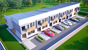 Casă tip înșiruită   3 camere, 2 băi 2 dresinguri ,1 balcon curte proprie 35 mp, 2 locuri de parcare