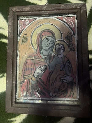 Icoana veche pe sticla Maica Domnului cu Pruncul , arta naiva 