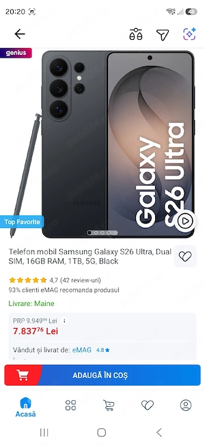 Telefon mobil Samsung Galaxy S26 Ultra, Dual SIM, 16GB RAM, 1TB, 5G, Black