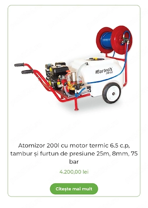 Vand atomizor 200l cu motor termic 6.5 cp, tambur și furtun de presiune 25m, 8mm, 75 bar. - imagine 3