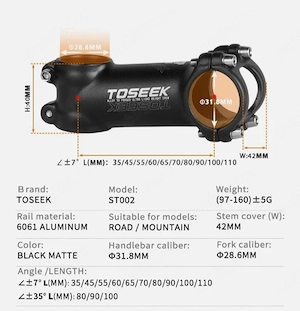 Pipa bicicleta ultrausoara  TOSEEK 60 mm aliaj aluminiu reversibila unghi 7 grade cursiera mtb 31.8