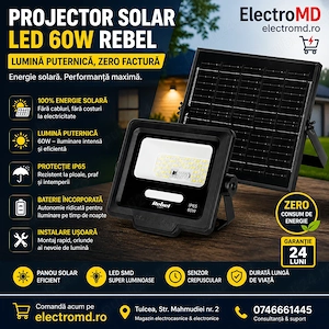 Reflector Solar LED 60W REBEL cu Panou 6W și Telecomandă   IP65, Lumină Puternică