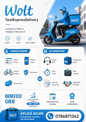  Câștigă între 4.000 și 10.000 RON lună! Angajăm Curieri Livratori (Wolt, Glovo, Bolt Food) - 