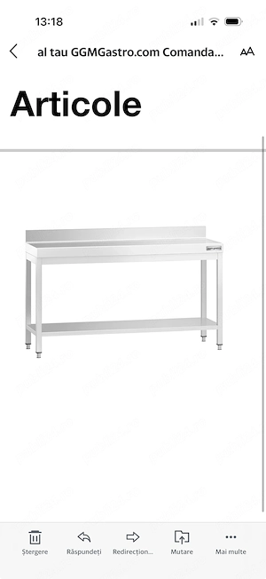 Masă inox 1600cm, cu o poliță și rebord, folosită 2 saptamâni