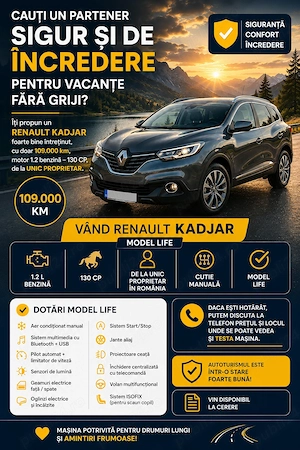 Unic proprietar ofer spre vanzare un Renault Kadjar, fabricatie noirmbrie 2018 , cu 109000 km, 1,2 l