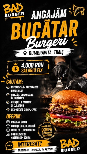 Bad burgers angajeaza Bucatar salar 4000 ron