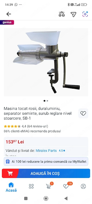 Masina tocat rosii, duraluminiu, separator seminte, surub reglare nivel stoarcere, SB-1