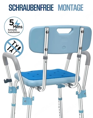 Scaun de duș cu brațe și spătar   Antiderapant, capacitate 180 kg   Albastru - imagine 3