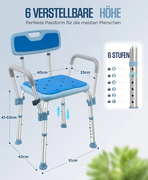 Scaun de duș cu brațe și spătar   Antiderapant, capacitate 180 kg   Albastru - imagine 2