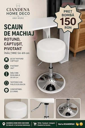 Scaun de machiaj, rotund, căptușit, pivotant, înălțime 54-69 cm, imitație de piele albă