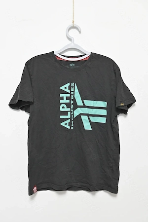 Tricou Alpha Industries M   negru, logo turcoaz, streetwear militar