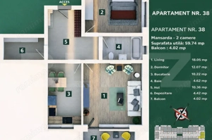 Apartament 2 camere, living cu bucătărie open space, balcon – 59 mp utili - imagine 4