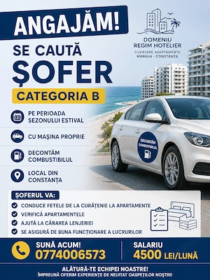 Se cauta sofer categoria B pe sezonul estival - Salariu 4500 lei - Mamaia Constanta