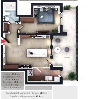 Apartament 2 camere, decomandat, CF, terasa, parcare subterana, boxa, Zona Vivo  - imagine 2
